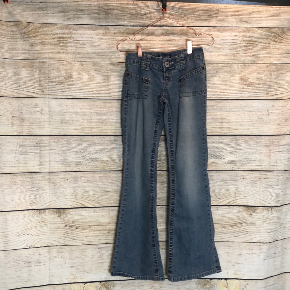 Distressed blue jeans